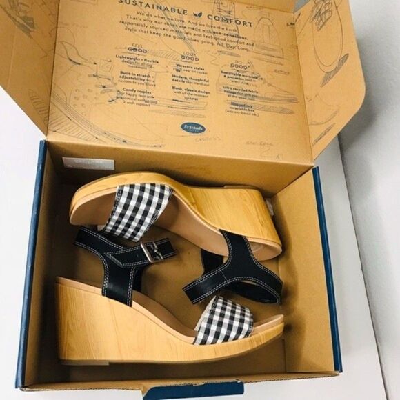New! Dr. Scholl’s Glimmer Faux Leather Gingham Canvas Platform Wedge Sandals - Picture 11 of 12